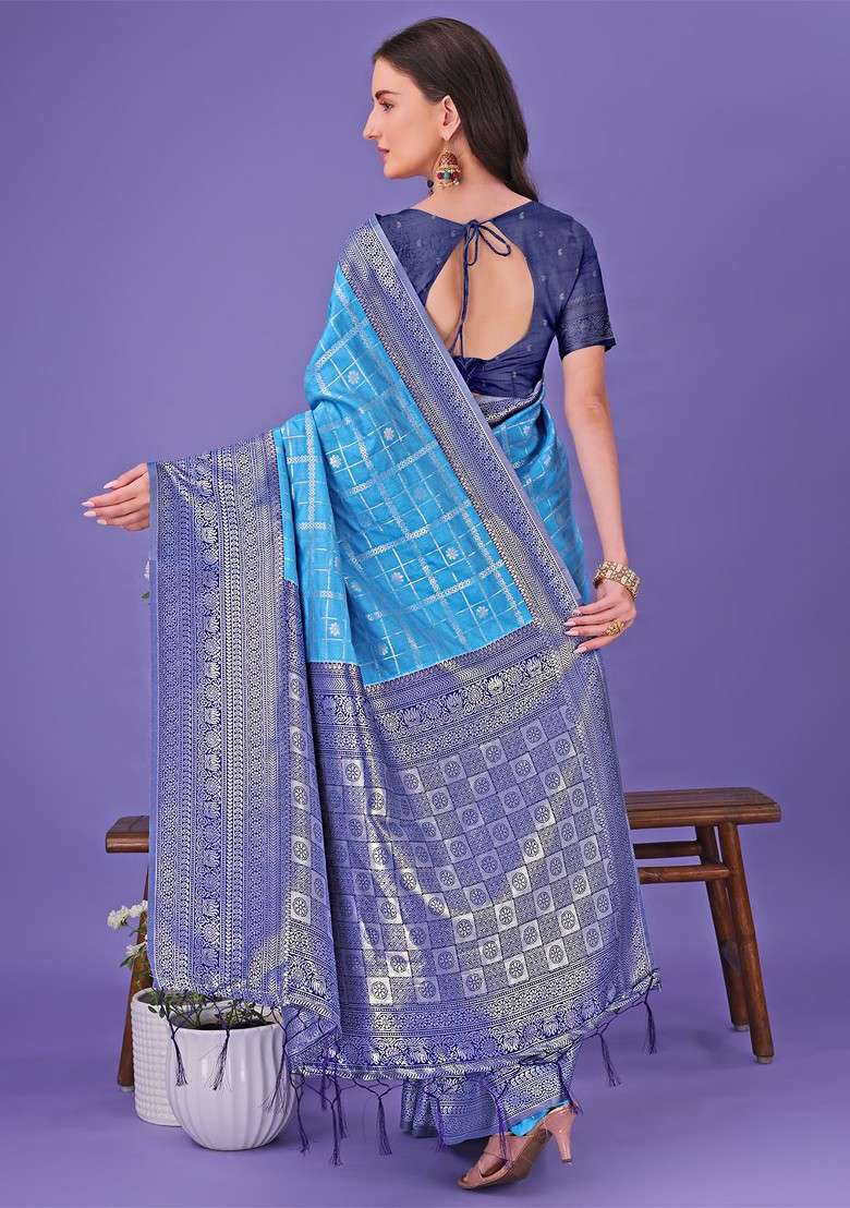 Blue Embroidered Blended Saree Set - Indya