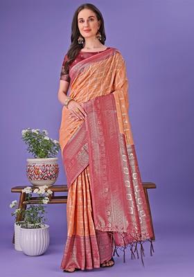 Orange Zari Printed Blended Saree Set