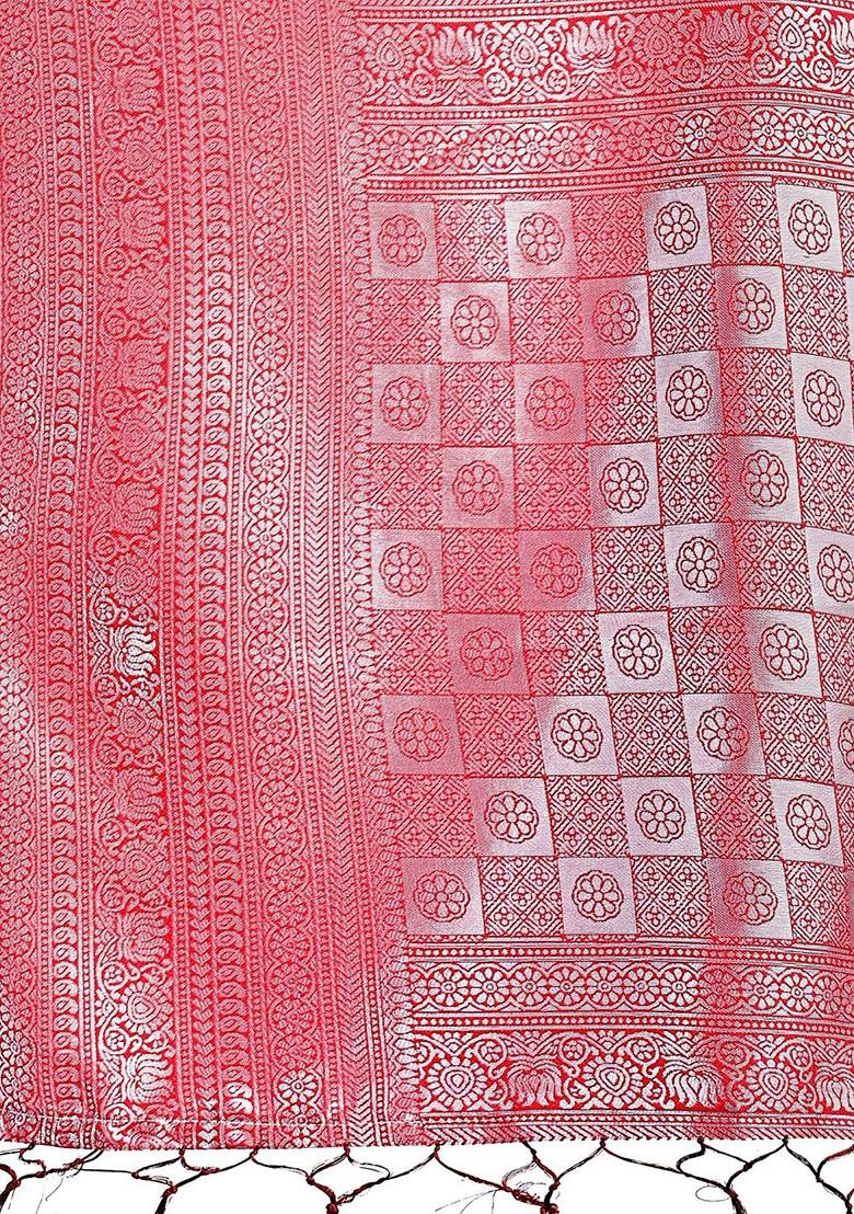 Orange Zari Printed Blended Saree Set - Indya