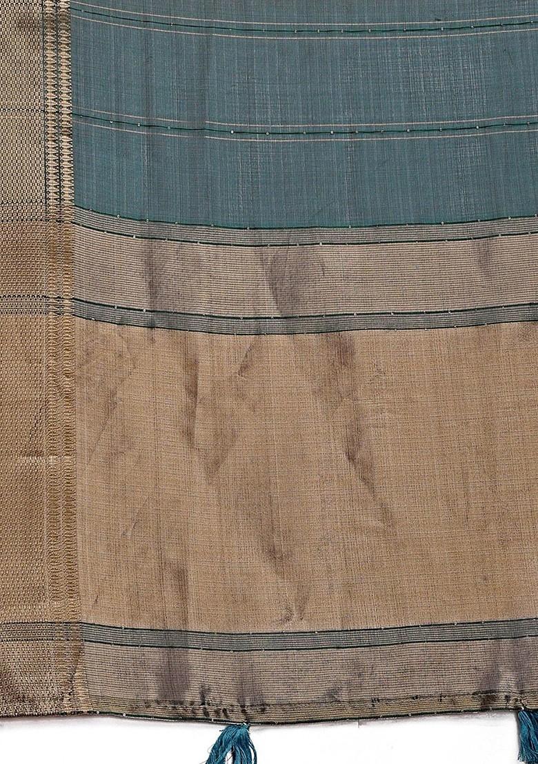 Teal Zari Printed Blended Saree Set - Indya