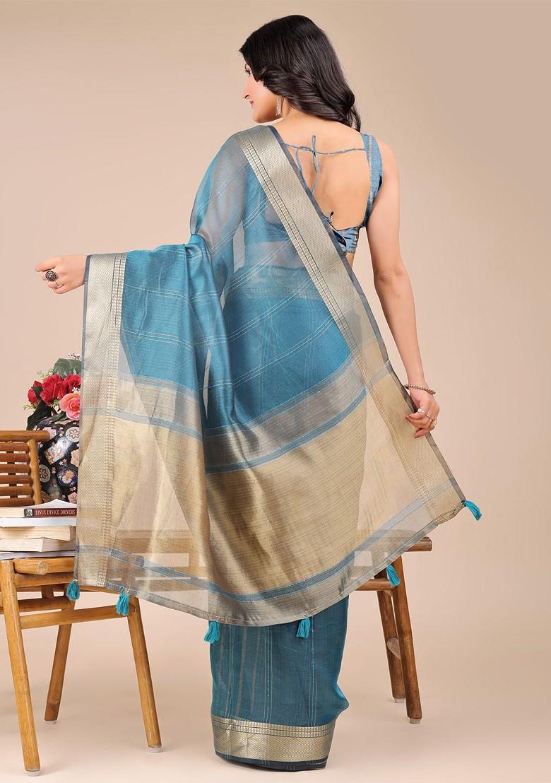 Blue Zari Printed Blended Saree Set - Indya