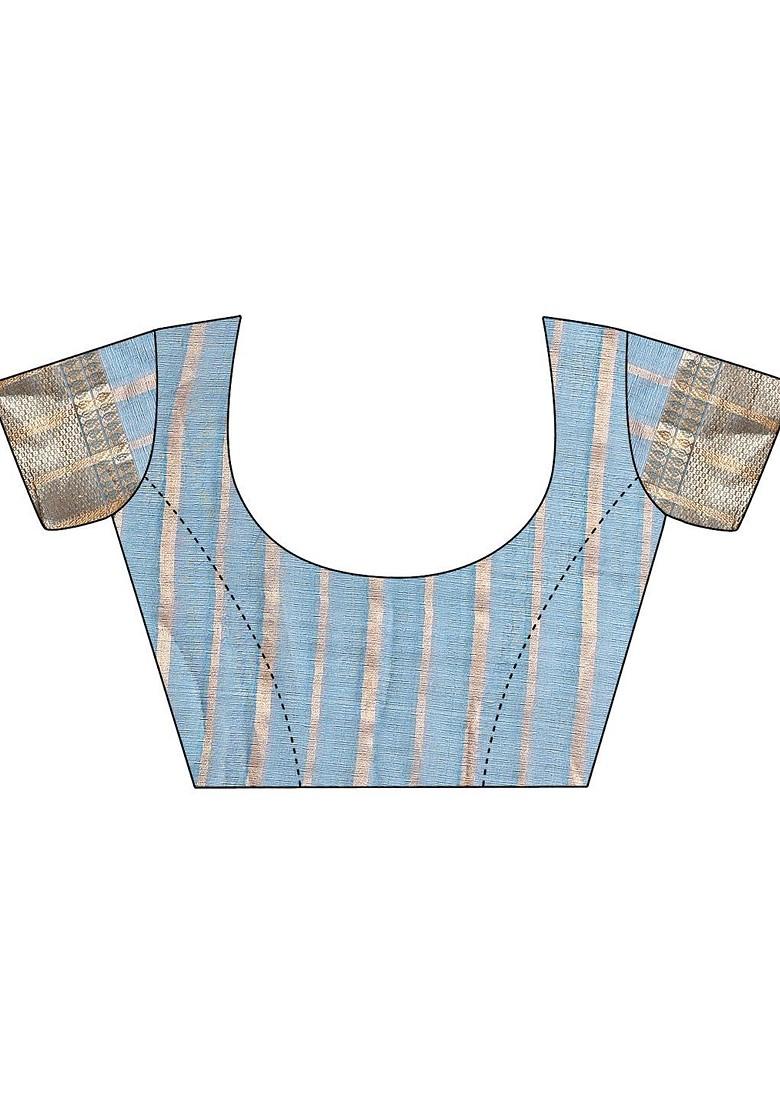 Blue Zari Printed Blended Saree Set - Indya