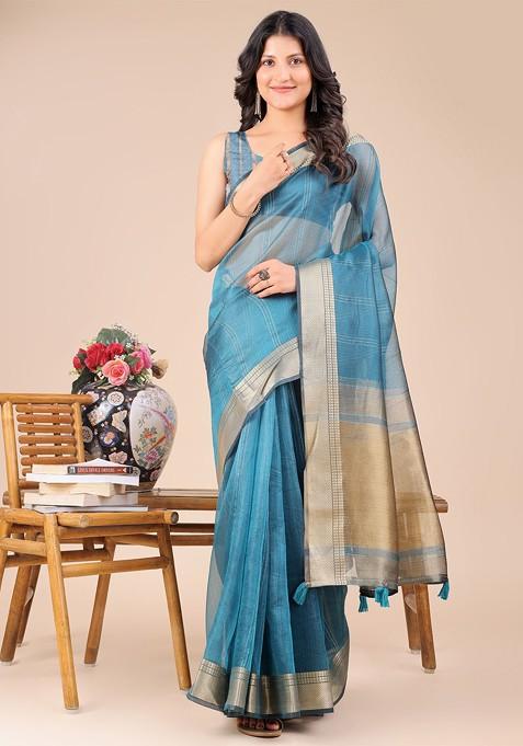 Blue Zari Printed Blended Saree Set