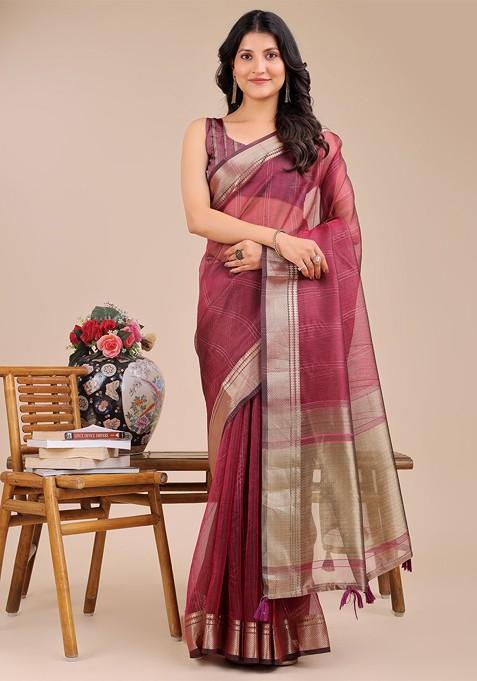 Maroon Zari Printed Blended Saree Set
