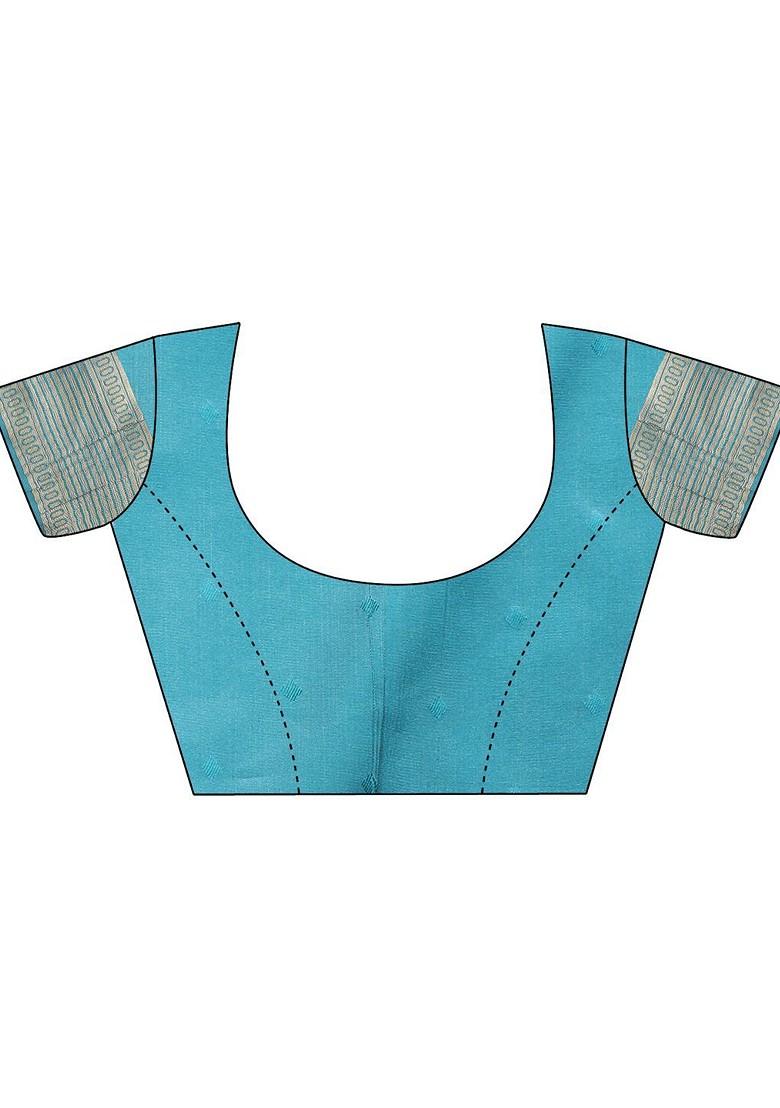 Blue Zari Printed Blended Saree Set - Indya