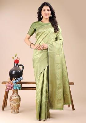 Green Zari Printed Blended Saree Set