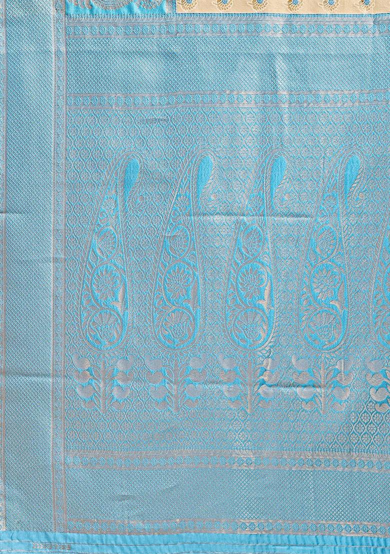 Blue Zari Printed Blended Saree Set - Indya