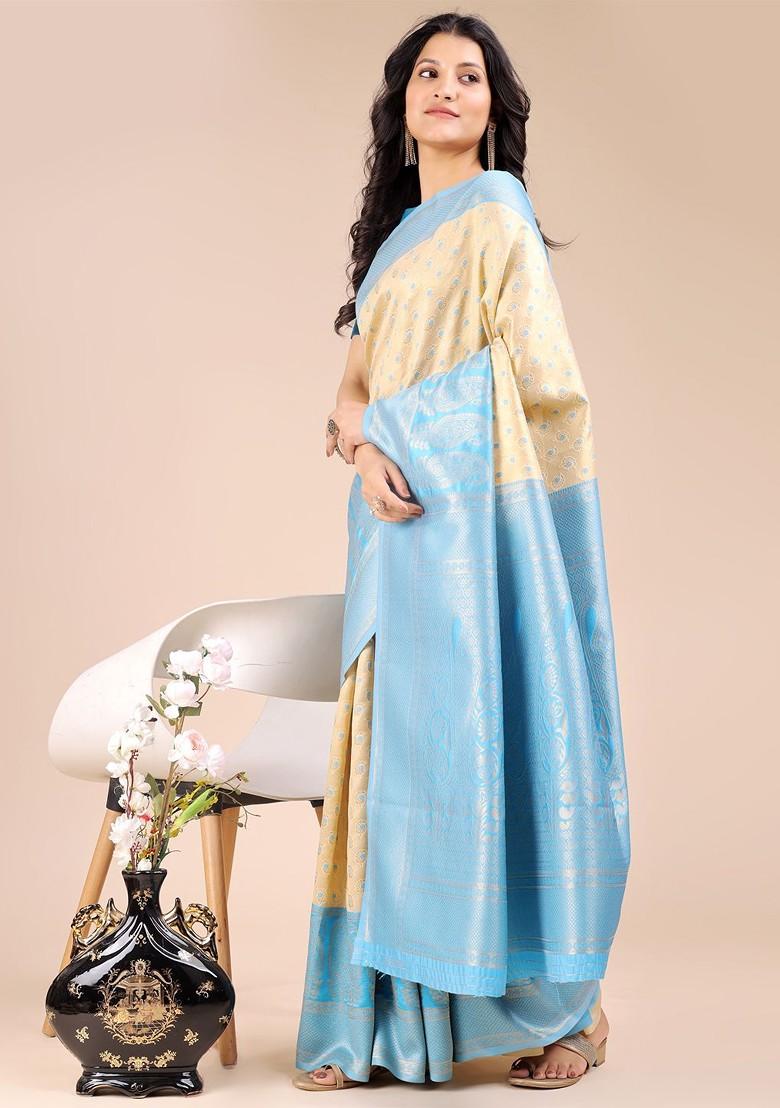 Blue Zari Printed Blended Saree Set - Indya