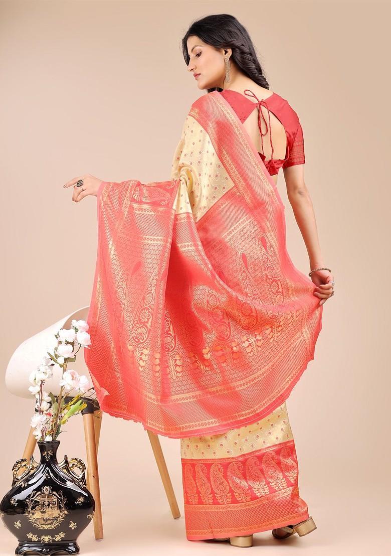 Red Zari Printed Blended Saree Set - Indya