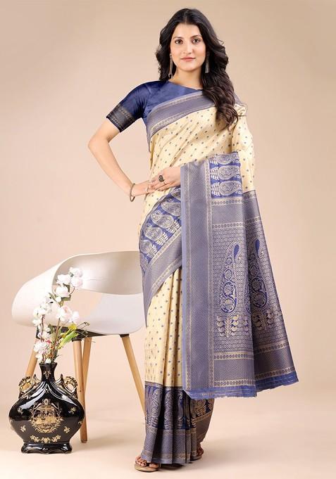 Blue Zari Printed Blended Saree Set