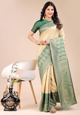 Green Zari Printed Blended Saree Set