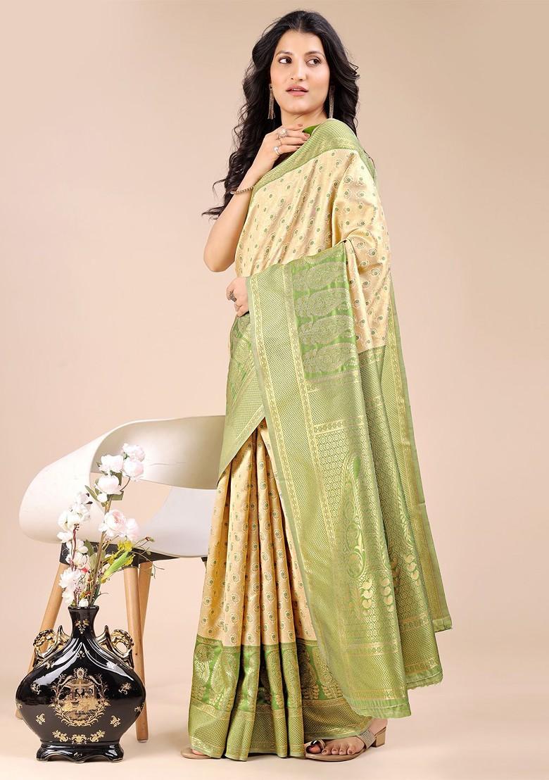 Green Embroidered Blended Saree Set - Indya