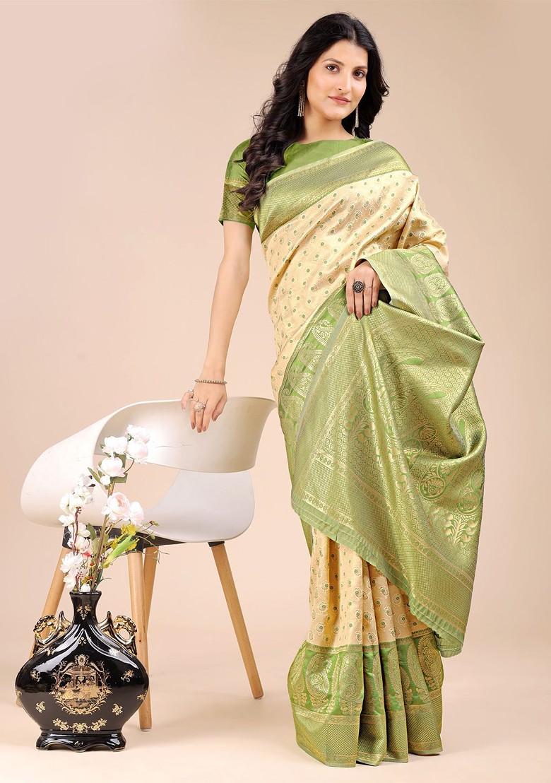Green Embroidered Blended Saree Set - Indya