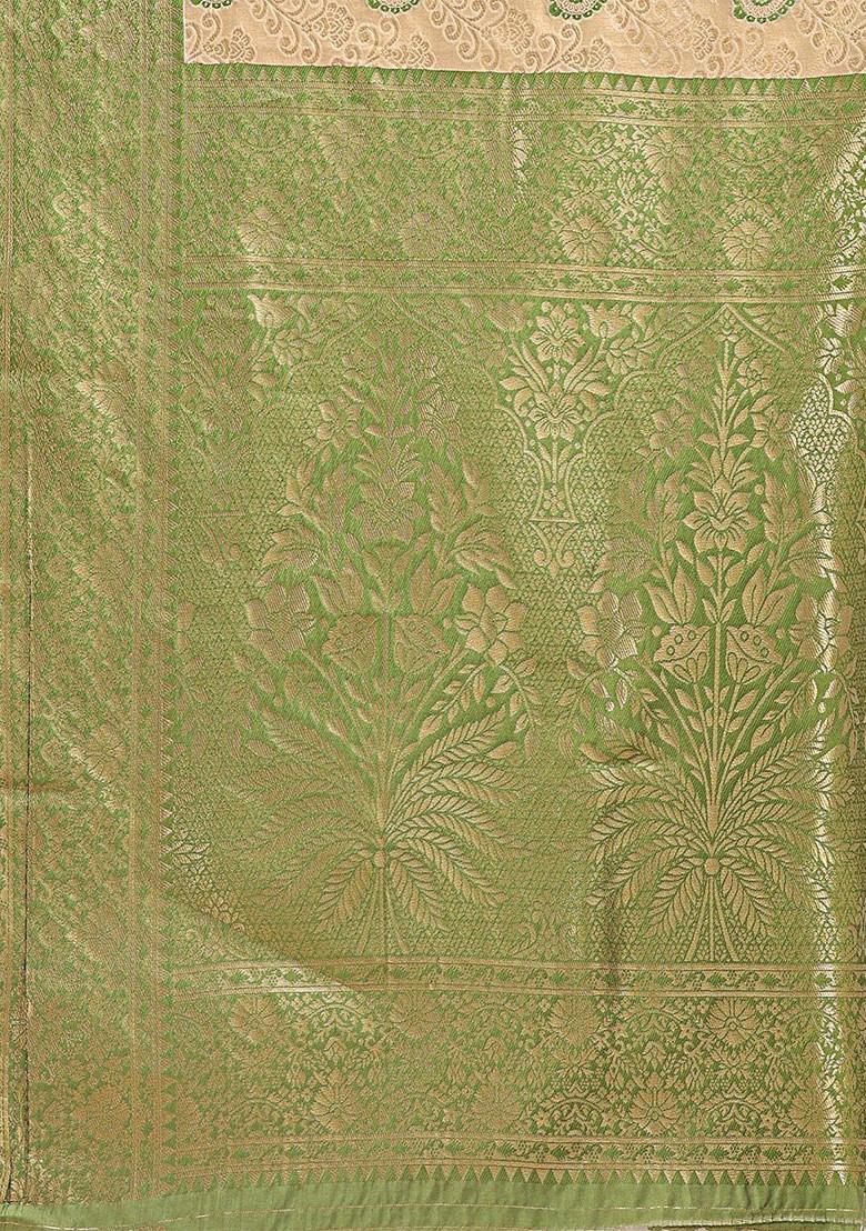 Green Zari Printed Blended Saree Set - Indya