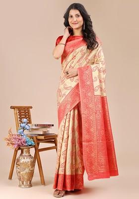 Red Zari Printed Blended Saree Set