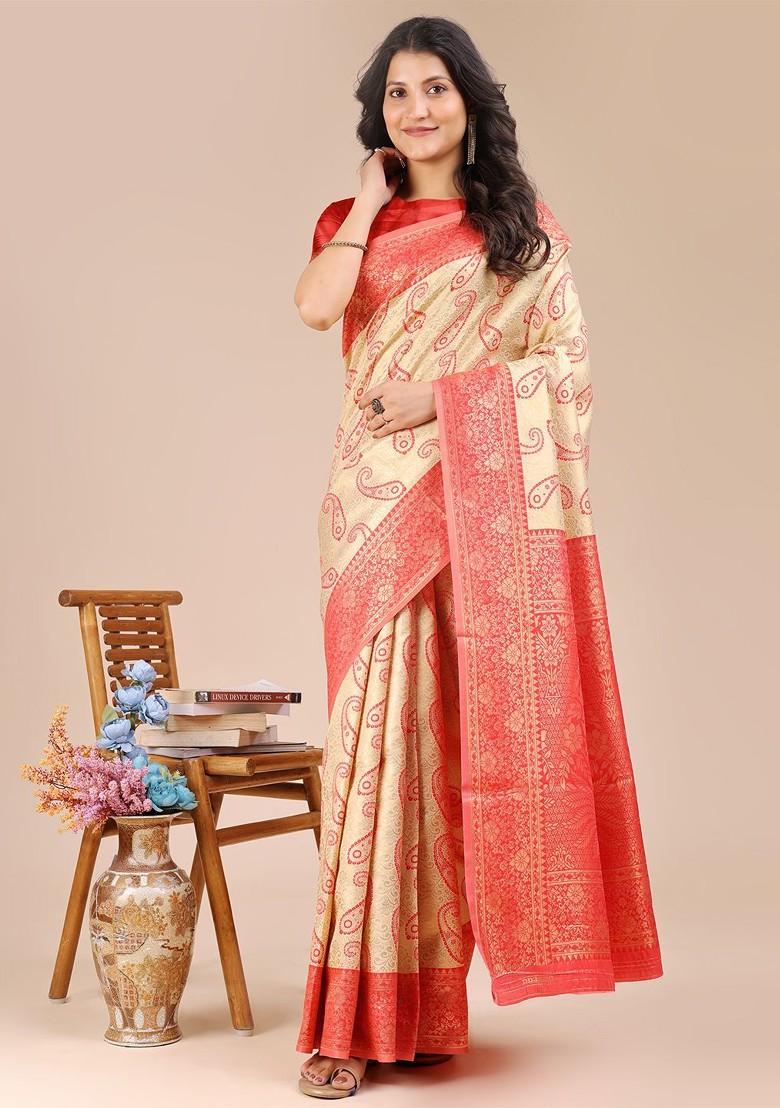 Red Zari Printed Blended Saree Set - Indya
