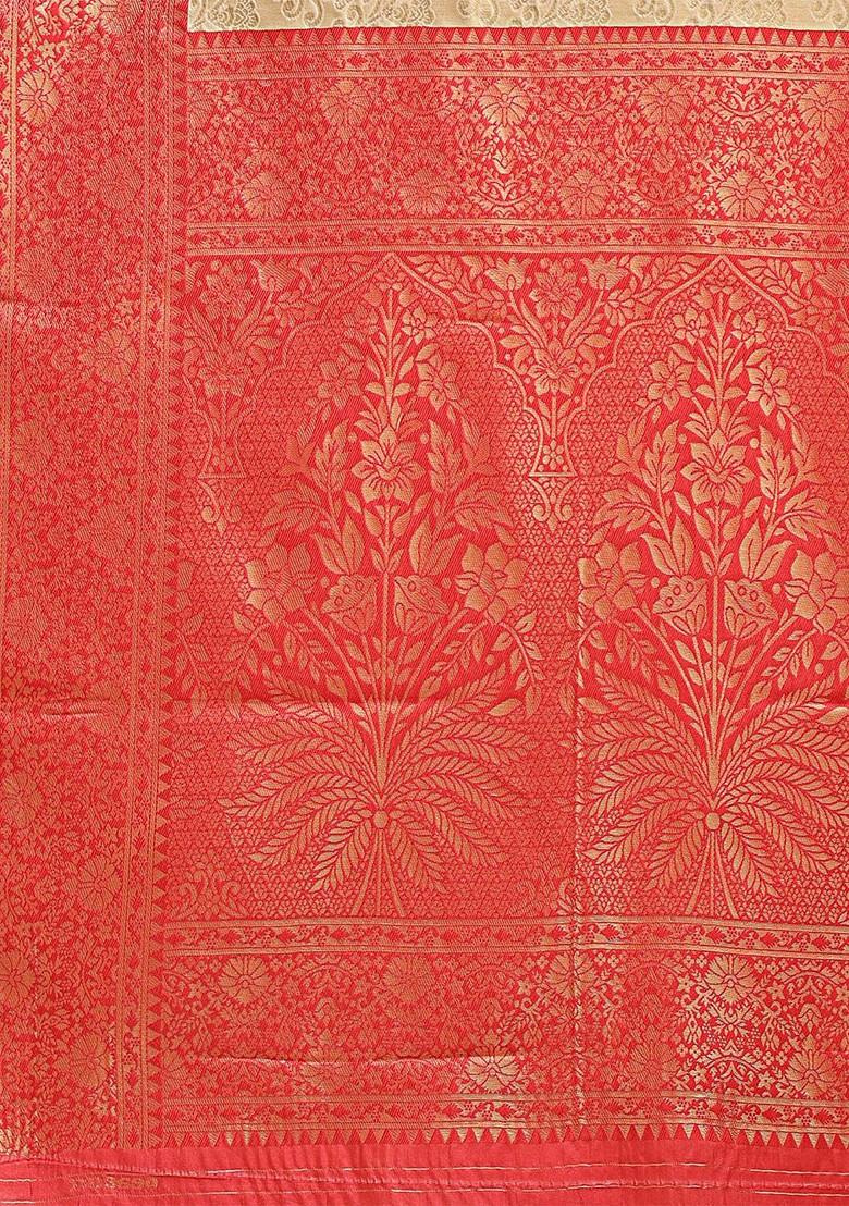 Red Zari Printed Blended Saree Set - Indya