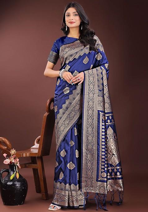 Blue Zari Printed Blended Saree Set