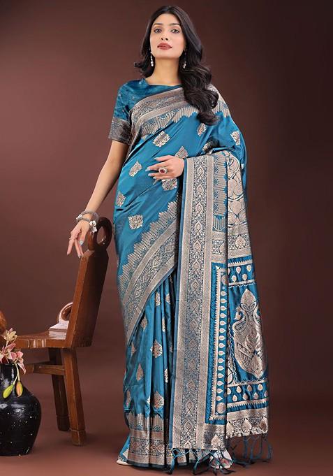 Blue Zari Printed Blended Saree Set
