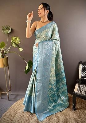 Blue Embroidered Blended Saree Set