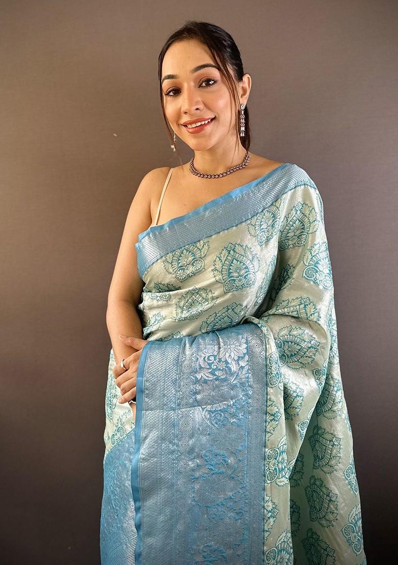 Blue Embroidered Blended Saree Set - Indya
