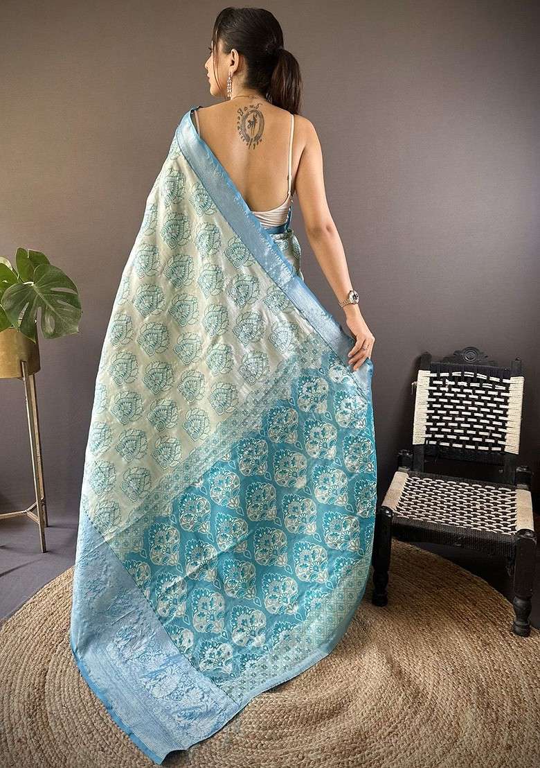 Blue Embroidered Blended Saree Set for Diwali and Festive Wear - Indya