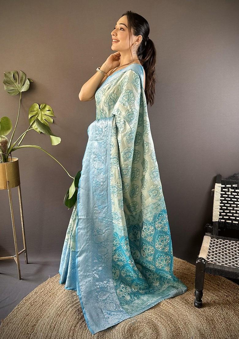 Blue Embroidered Blended Saree Set - Indya