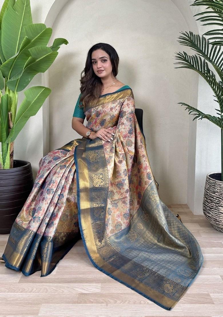 Teal Zari Printed Blended Saree Set - Indya