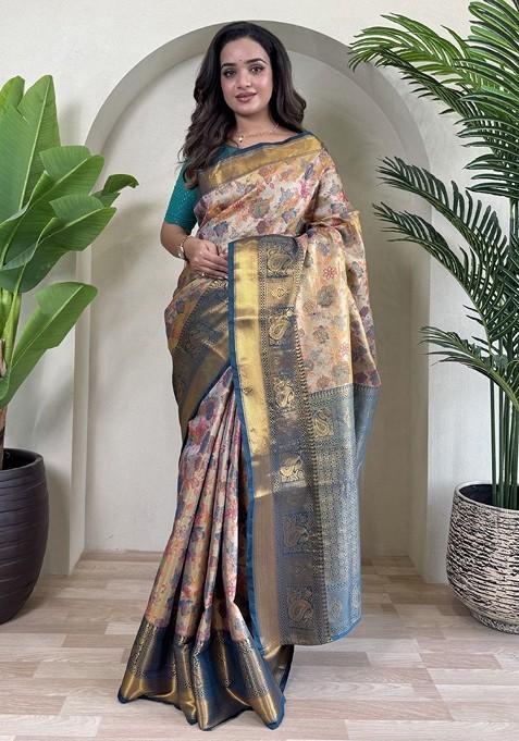 Teal Zari Printed Blended Saree Set
