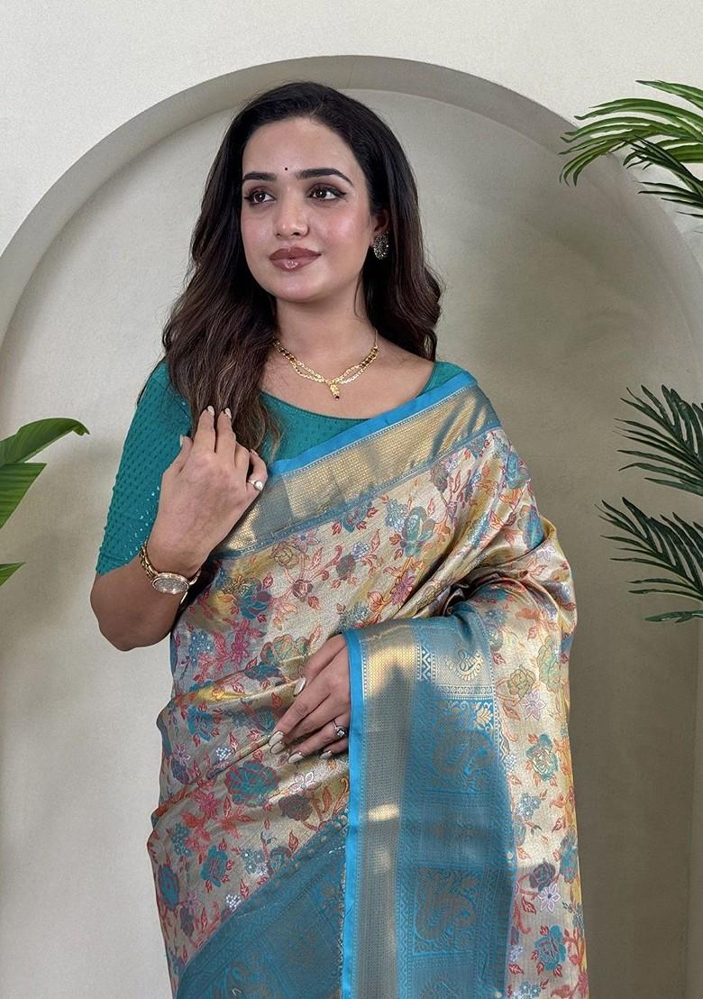 Blue Zari Printed Blended Saree Set - Indya