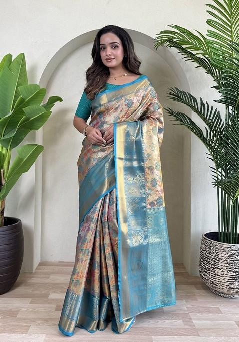 Blue Zari Printed Blended Saree Set