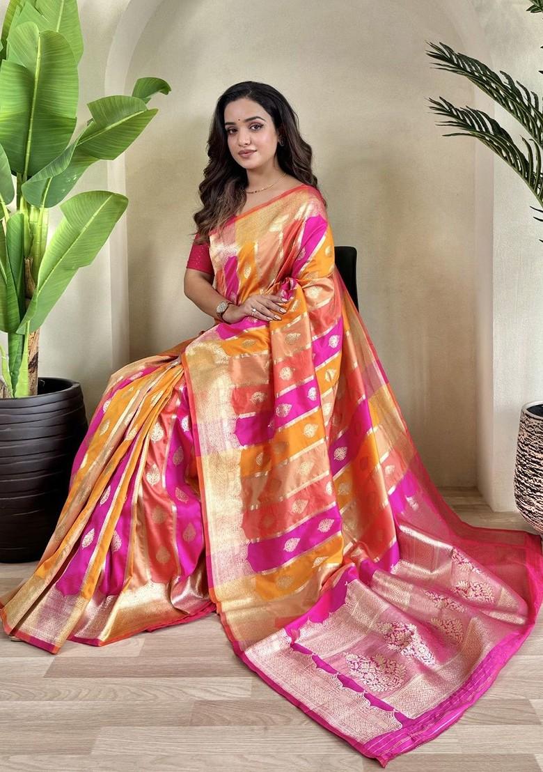 Red Zari Printed Blended Saree Set - Indya