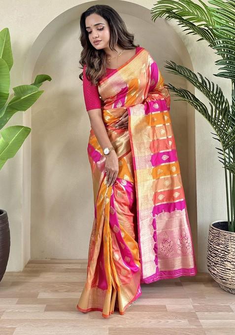 Red Zari Printed Blended Saree Set