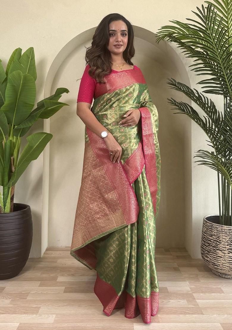 Green Zari Printed Blended Saree Set - Indya