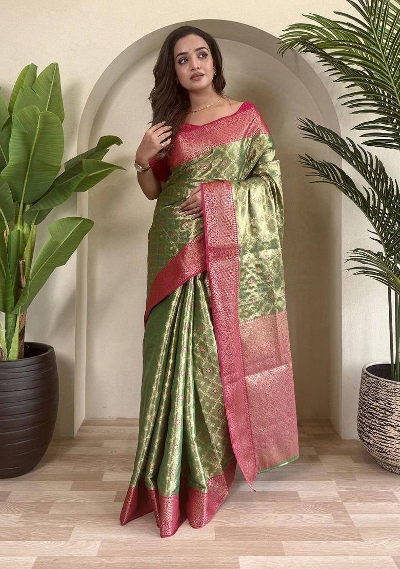 Green Zari Printed Blended Saree Set - Indya