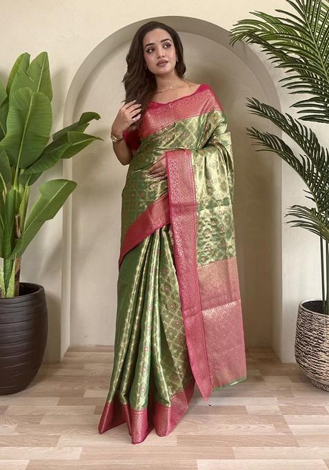 Green Zari Printed Blended Saree Set