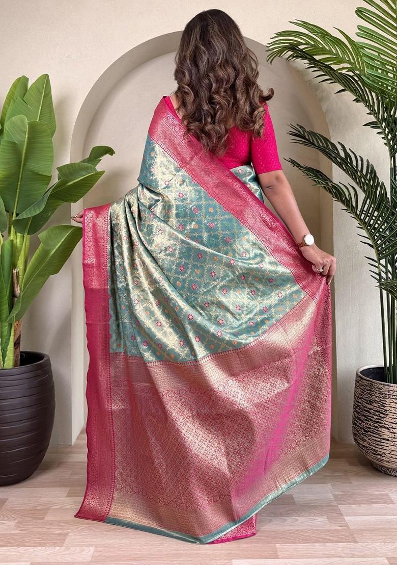 Teal Zari Printed Blended Saree Set - Indya