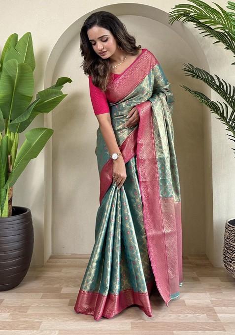 Teal Zari Printed Blended Saree Set