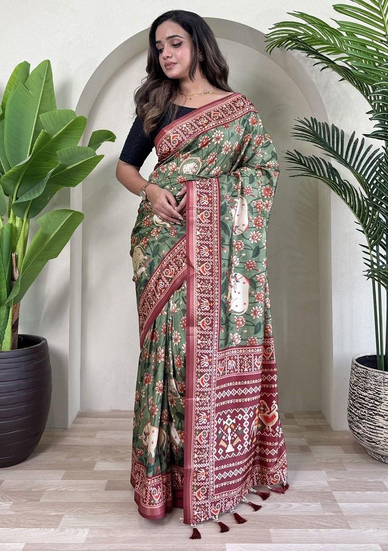 Green Printed Blended Saree Set - Indya