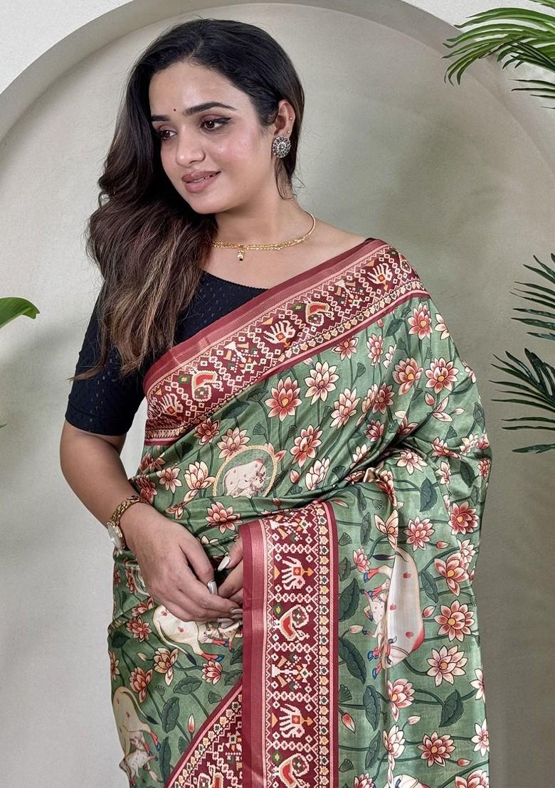 Green Printed Blended Saree Set - Indya