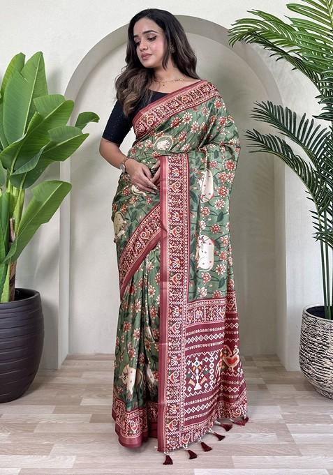 Green Printed Blended Saree Set
