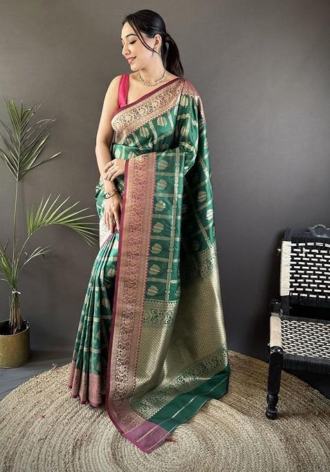 Green Zari Printed Blended Saree Set