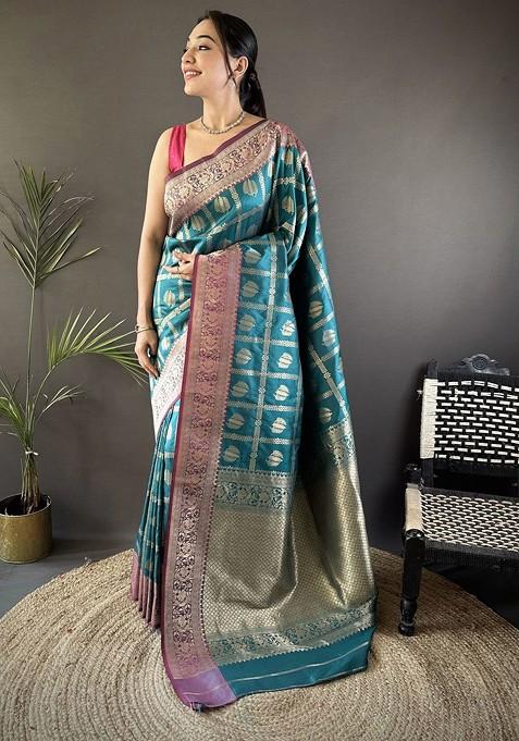 Teal Zari Printed Blended Saree Set