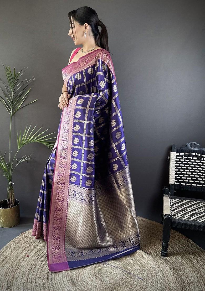 Blue Zari Printed Blended Saree Set - Indya