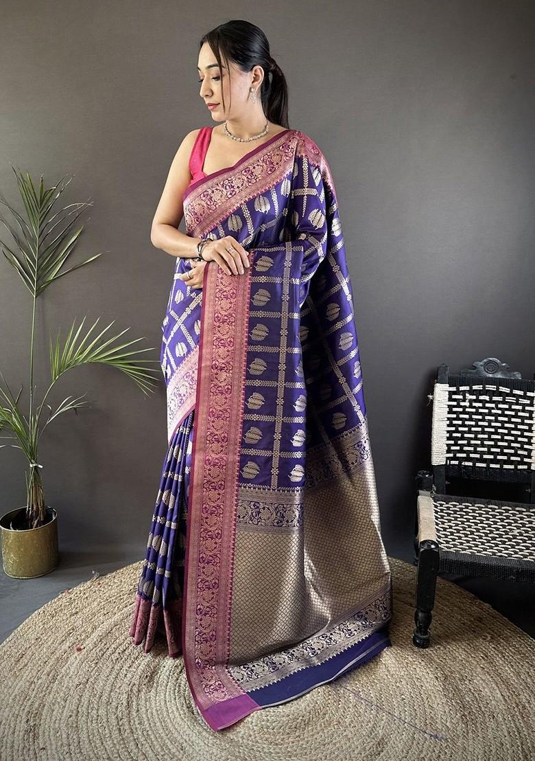 Blue Zari Printed Blended Saree Set - Indya