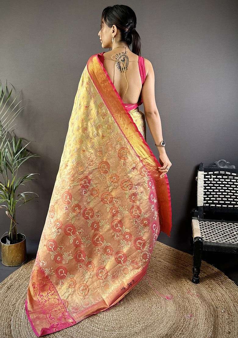 Gold Zari Printed Blended Saree Set for Diwali and Festive Wear - Indya