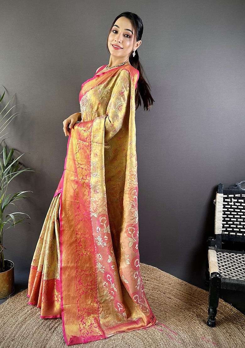 Gold Zari Printed Blended Saree Set for Diwali and Festive Wear - Indya