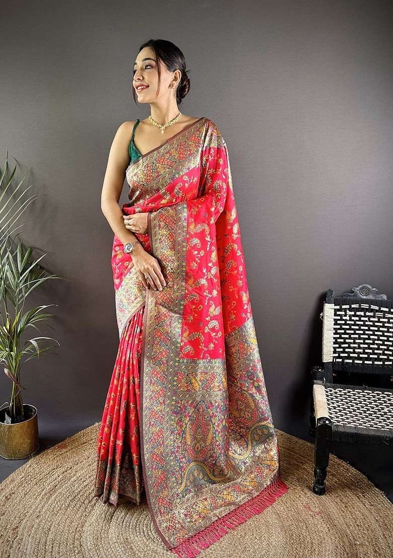 Red Zari Printed Blended Saree Set for Diwali and Festive Wear - Indya