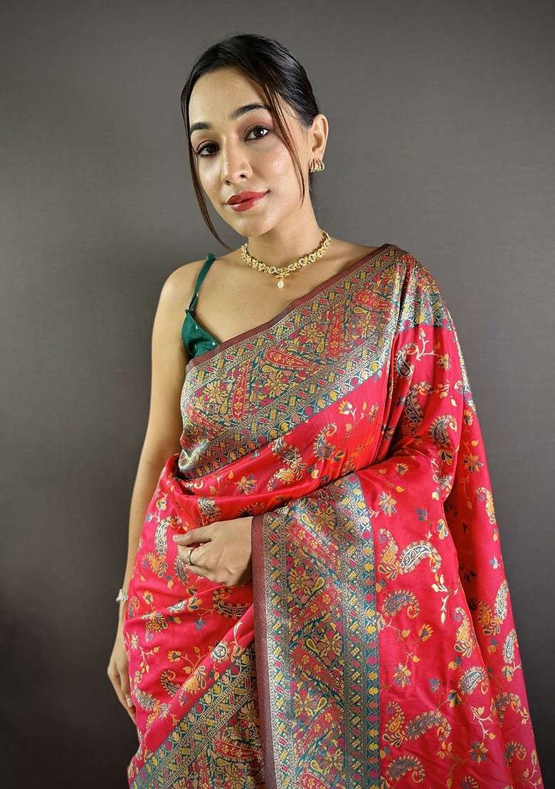 Red Zari Printed Blended Saree Set for Diwali and Festive Wear - Indya