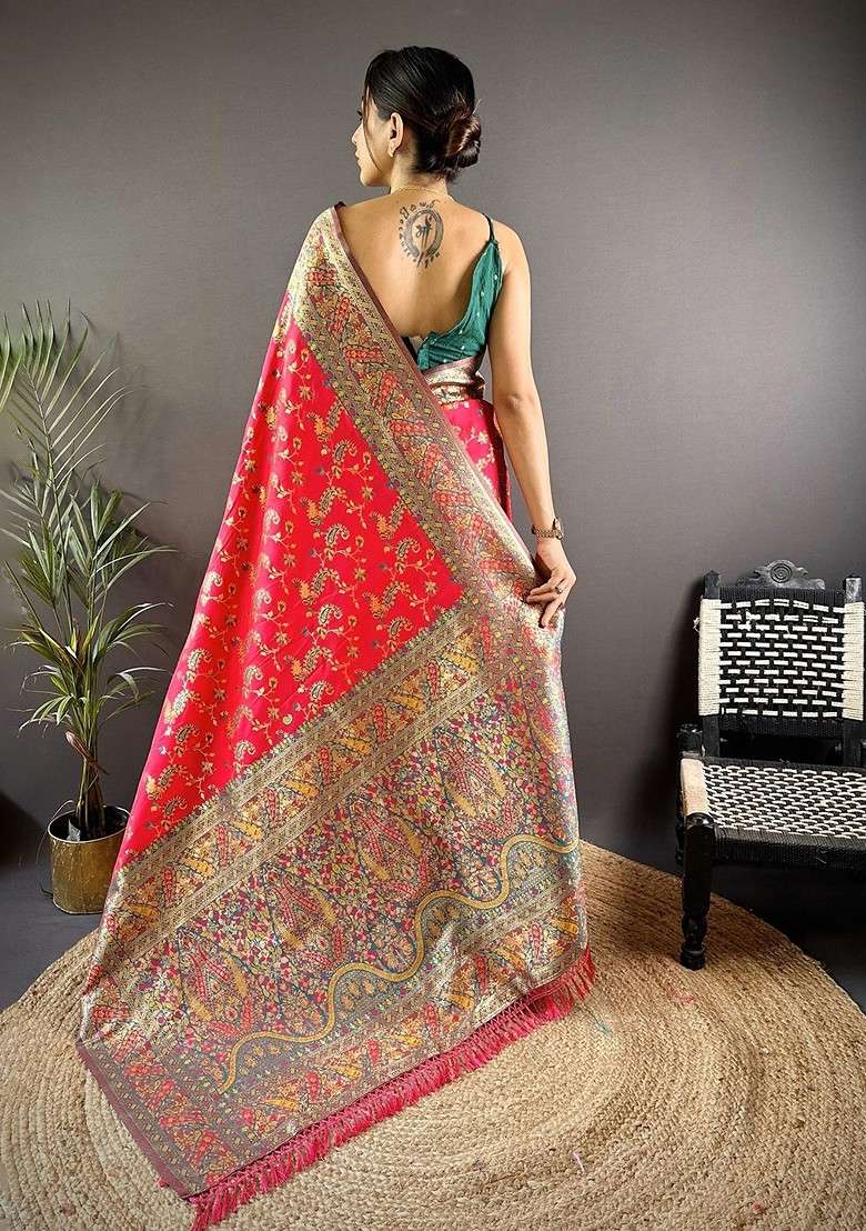 Red Zari Printed Blended Saree Set for Diwali and Festive Wear - Indya